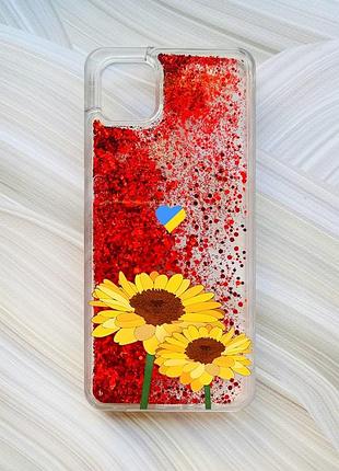 Чехол с плавающими блестками на samsung galaxy a04 красный :: желтые цветы (принт 364)