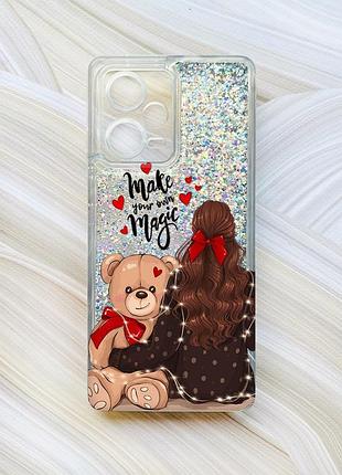 Чохол з плаваючими блискітками на xiaomi redmi note 12 pro plus сріблястий дівчина з ведмедиком (принт 188)