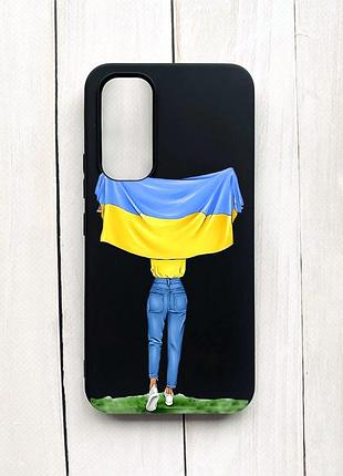 Матовый чехол на samsung galaxy a54 5g (a546) черный девушка с флагом (принт 263)