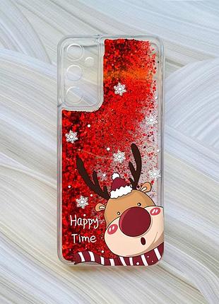 Чехол с плавающими блестками на samsung a15 (a155) / m15 красный зимний оленёнок (принт 155)