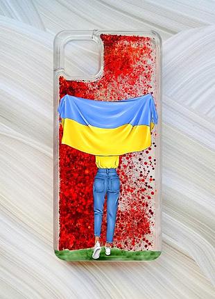 Чохол з плаваючими блискітками на samsung galaxy a04 червоний дівчина з прапором (принт 263)