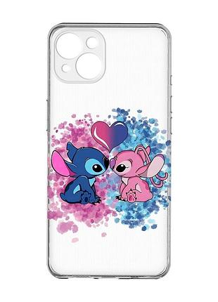 Прозрачный чехол с защитой камер на iphone 15 plus стич и ангел (принт 391)