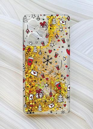 Чехол с плавающими блестками на xiaomi redmi note 12 pro plus золотой новогодний фон (принт 182)