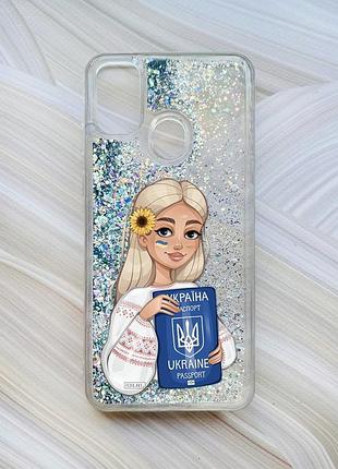 Чохол з плаваючими блискітками на samsung galaxy m30s/m21 сріблястий дівчина з паспортом (принт 13)