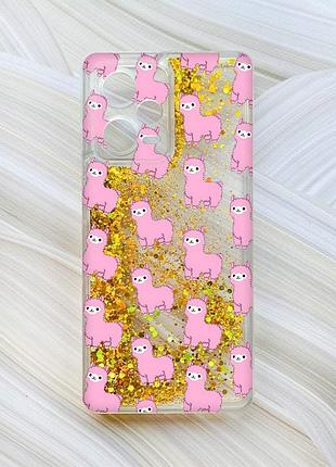 Чехол с плавающими блестками на xiaomi redmi note 12 pro plus золотой ламы розовые (принт 101)