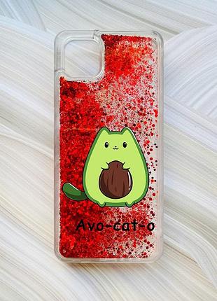 Чехол с плавающими блестками на samsung galaxy a04 красный котик авокадо (принт 306)