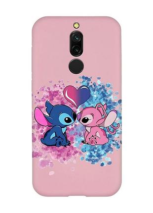 Матовый розовый чехол на xiaomi redmi 8 стич и ангел (принт 391)