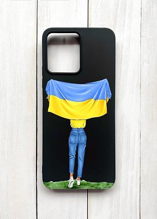 Матовый чехол на xiaomi redmi 12 черный девушка с флагом (принт 263)