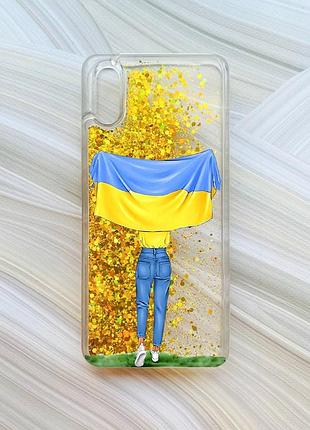 Чехол с плавающими блестками на xiaomi redmi 9a золотой девушка с флагом (принт 263)