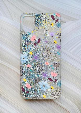 Чехол с плавающими блестками на samsung galaxy m30s/m21 серебристый цветочный фон (принт 267)