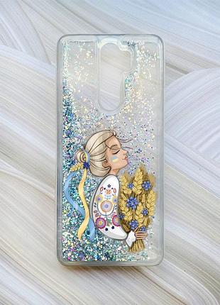 Чохол з плаваючими блискітками на xiaomi redmi note 8 pro сріблястий українка з колосками (принт 173)