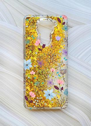 Чехол с плавающими блестками на xiaomi redmi note 9/10x золотой цветочный фон (принт 267)