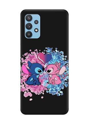 Матовый черный чехол на samsung galaxy a32 стич и ангел (принт 391)