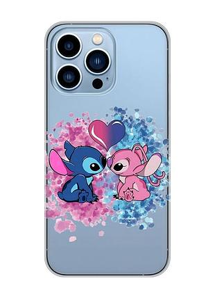 Прозрачный чехол на apple iphone 13 pro max стич и ангел (принт 391)