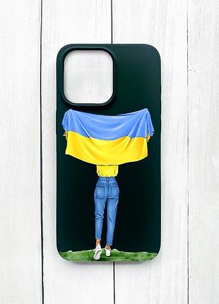 Матовый чехол на iphone 15 pro max черный девушка с флагом (принт 263)