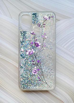 Чехол с плавающими блестками на samsung galaxy m30s/m21 серебристый веточка цветов (принт 278)