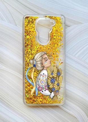 Чехол с плавающими блестками на xiaomi redmi note 9/10x золотой украинка с колосками (принт 173)