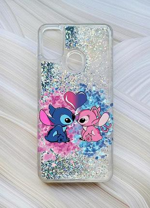 Чехол с плавающими блестками на samsung galaxy m30s/m21 серебристый стич и ангел (принт 391)