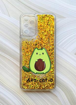 Чохол з плаваючими блискітками на samsung galaxy a23 золото котик авокадо (принт 306)