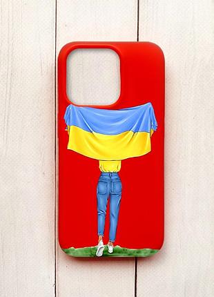 Матовий чохол на iphone 15 pro червоний дівчина з прапором (принт 263)