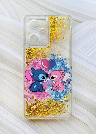 Чехол с плавающими блестками на xiaomi redmi note 12 pro plus золотой стич и ангел (принт 391)