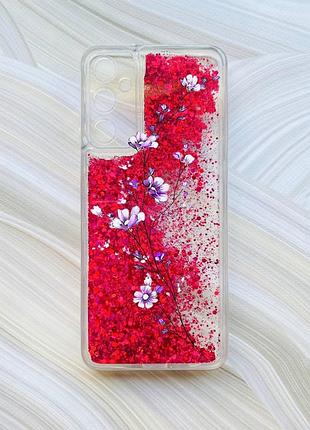 Чехол с плавающими блестками на samsung a15 (a155) / m15 розовый веточка цветов (принт 278)