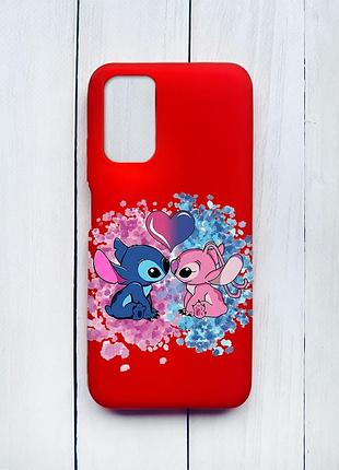 Матовый чехол на xiaomi redmi 9t красный стич и ангел (принт 391)