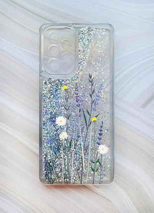 Чехол с плавающими блестками на samsung galaxy a53 4g/a53 5g серебристый полевые цветы (принт 270)