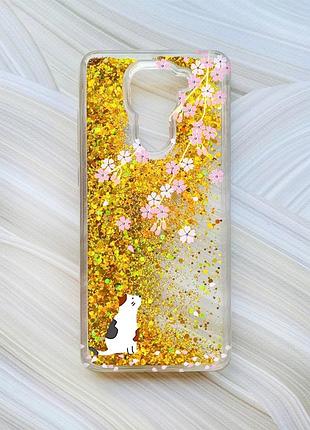 Чохол з плаваючими блискітками на xiaomi redmi note 9/10x золотий котик і сакура (принт 283)