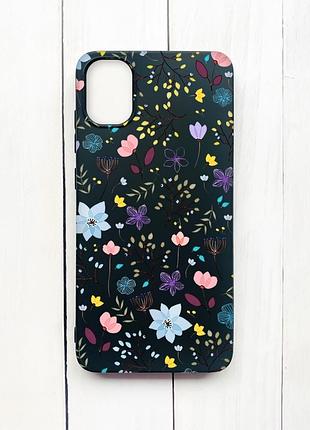 Матовый чехол на samsung galaxy a05 (a055) черный цветочный фон (принт 267)