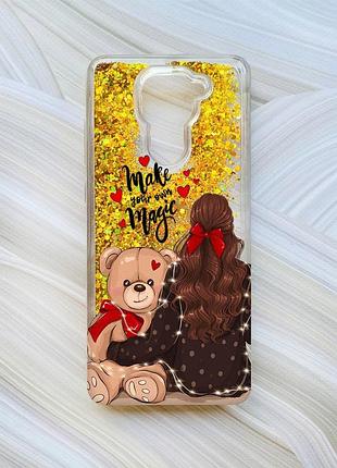 Чохол з плаваючими блискітками на xiaomi redmi note 9/10x золотий дівчина з ведмедиком (принт 188)