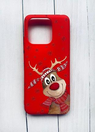 Матовый чехол на xiaomi redmi 12c красный зимний олень (принт 149)