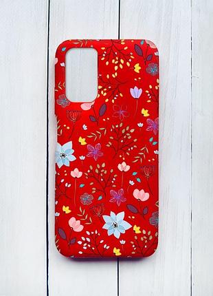 Матовый чехол на xiaomi redmi 9t красный цветочный фон (принт 267)