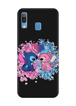 Матовый черный чехол на samsung galaxy a30 (2019) / a20 (2019) стич и ангел (принт 391)