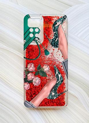 Чохол з плаваючими блискітками на xiaomi redmi note 11 pro червоний туфельки і квіти (принт 225)