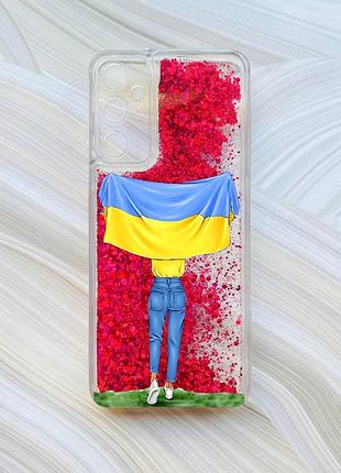 Чехол с плавающими блестками на samsung a15 (a155) / m15 розовый девушка с флагом (принт 263)