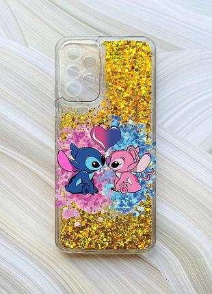 Чехол с плавающими блестками на samsung galaxy a23 золотистий стич и ангел (принт 391)