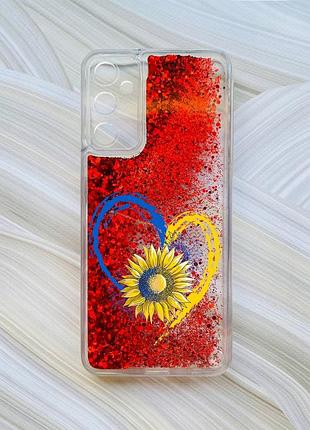 Чехол с плавающими блестками на samsung a15 (a155) / m15 красный :: сердце и подсолнух (принт 260)