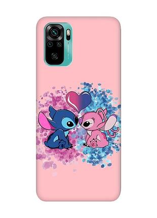 Матовый розовый чехол на xiaomi redmi note 10 / note 10s стич и ангел (принт 391)