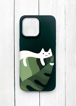 Матовий чохол на iphone 15 pro max чорний кіт на листку (принт 367)