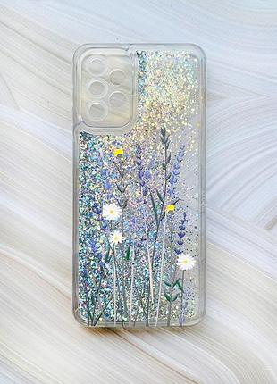 Чохол з плаваючими блискітками на samsung galaxy a23 срібло польові квіти (принт 270)