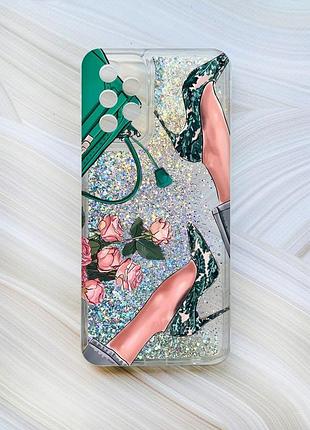 Чохол з плаваючими блискітками на samsung galaxy a23 срібло туфельки і квіти (принт 225)