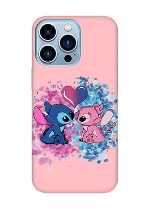 Матовий рожевий чохол на apple iphone 13 pro max стіч і ангел (принт 391)