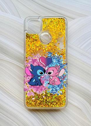 Чехол с плавающими блестками на xiaomi redmi 9c / 10a золотой стич и ангел (принт 391)