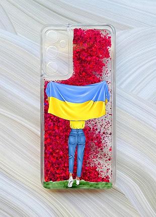 Чохол з плаваючими блискітками на samsung galaxy a05s (a057) рожевий дівчина з прапором (принт 263)