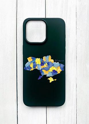 Матовий чохол на iphone 15 pro max чорний карта україни (принт 261)
