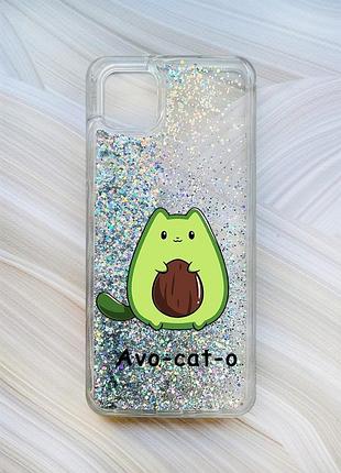 Чехол с плавающими блестками на samsung galaxy a04 серебристый котик авокадо (принт 306)
