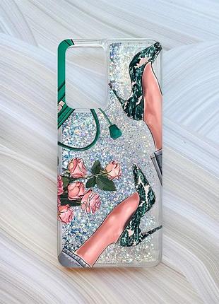 Чехол с плавающими блестками на xiaomi redmi note 10 pro/10 pro max серебристый туфельки и цветы (принт 225)