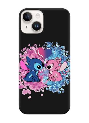 Матовый черный чехол на apple iphone 14 стич и ангел (принт 391)