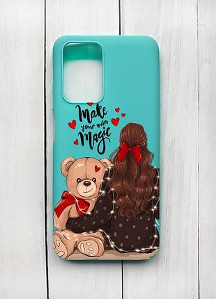 Матовий чохол на xiaomi redmi 10 бірюзовий дівчина з ведмедиком (принт 188)
